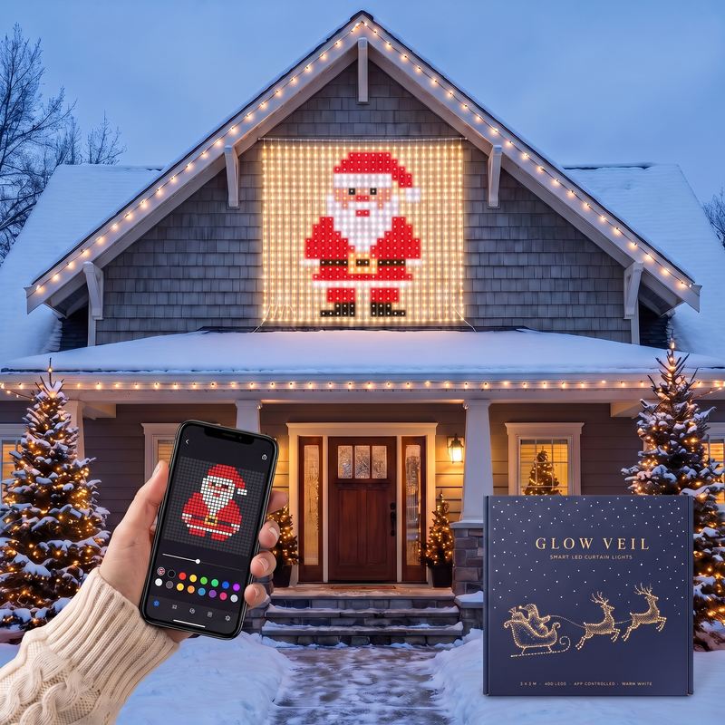 LED curtain showing a pixel Santa on a house gable, set from the phone app