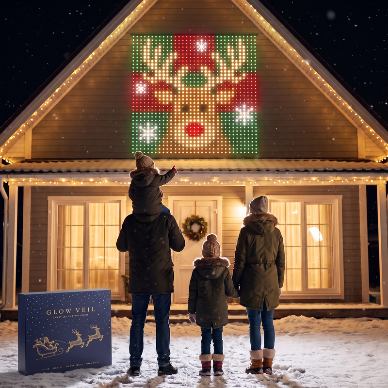 A family watching a reindeer scene light up their house