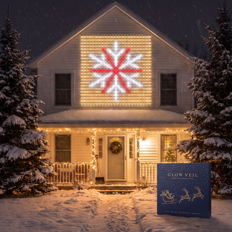 A snowflake star lit across the upper facade of a house