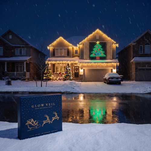 The only lit house on a snowy street at night