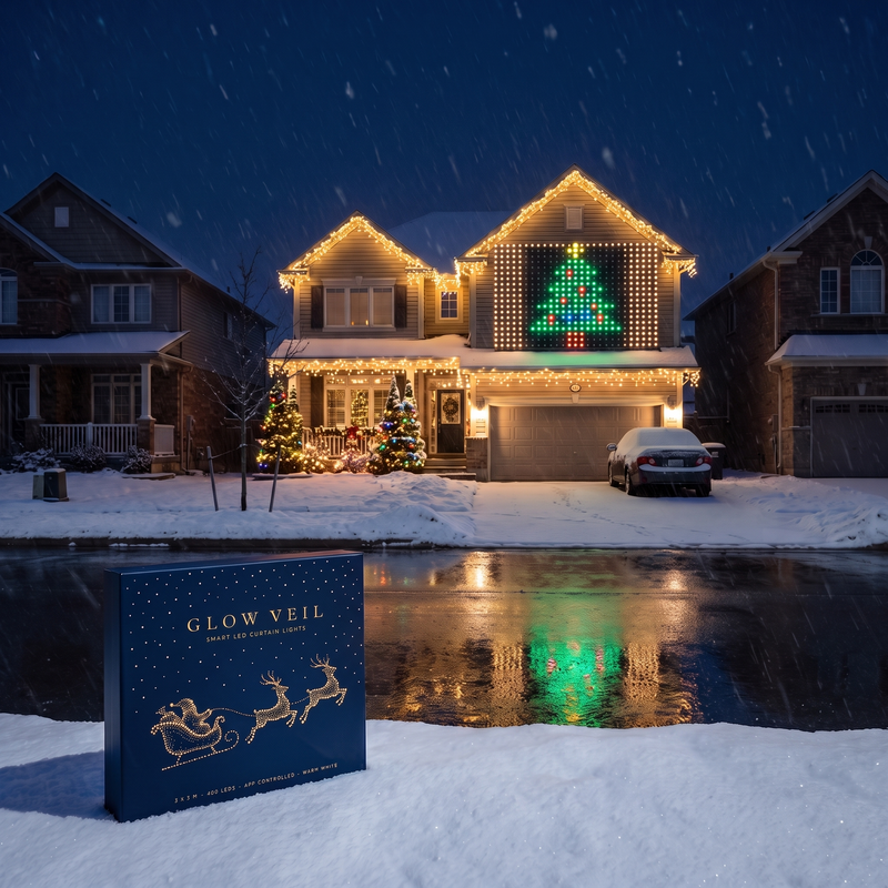 The only lit house on a snowy street at night