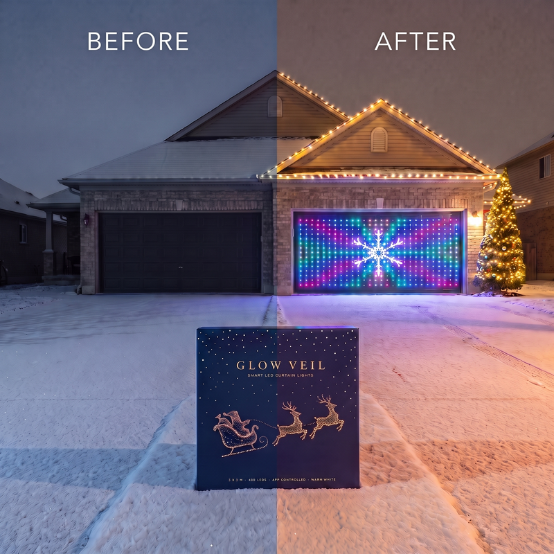 The same house before and after the LED curtain goes up