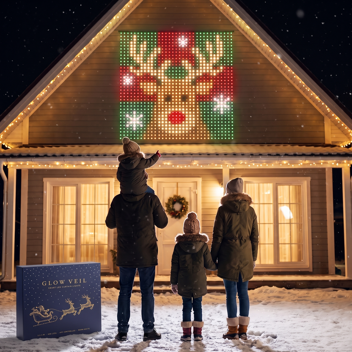 A family watching a reindeer scene light up their house