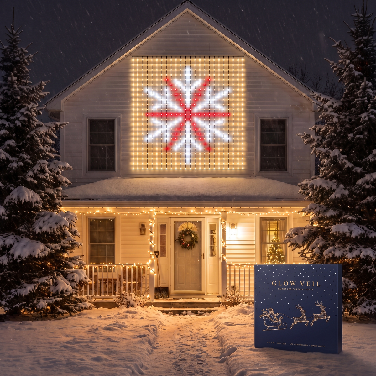 A snowflake star lit across the upper facade of a house