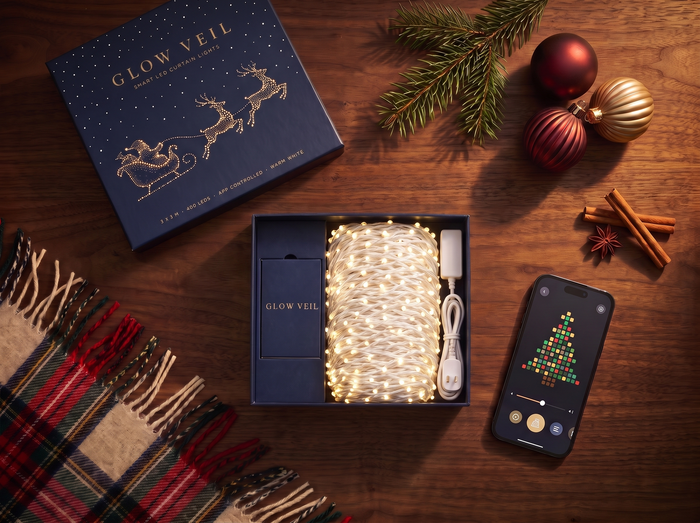 The kit laid out on a table: box, coiled curtain and the app