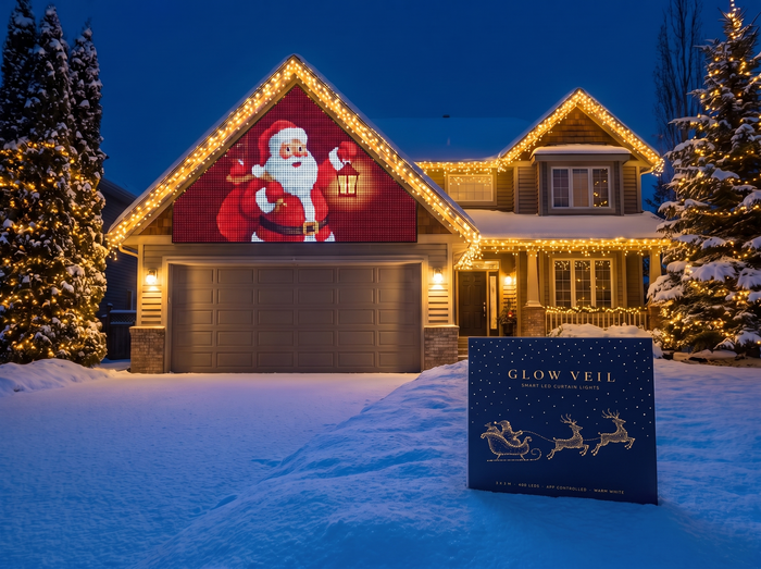 A Santa scene running across the gable above the garage
